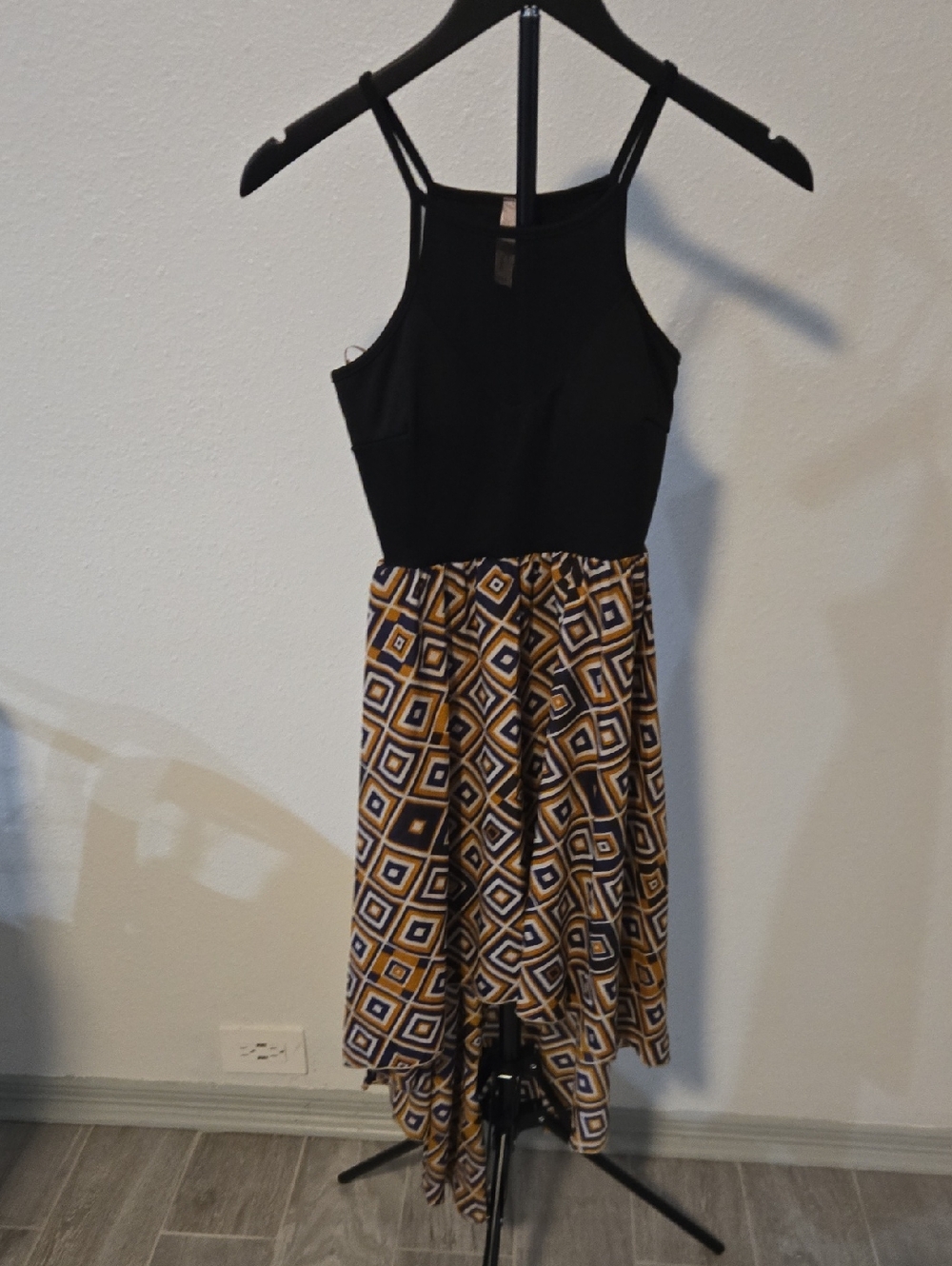 Black & Mustard Geometric High-Low Dress